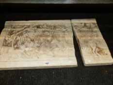 TWO EARLY MARBLE FRAGMENTS OF A CLASSICAL FRIEZE DEPICTING ANIMALS, BIRDS, ETC, LARGEST H.45.5 x