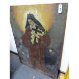 A LARGE OIL ON PANEL PAINTING OF A PRE RAPHAELITE STYLE FIGURE HOLDING A CROSS AND SCATTERING