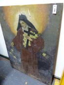 A LARGE OIL ON PANEL PAINTING OF A PRE RAPHAELITE STYLE FIGURE HOLDING A CROSS AND SCATTERING