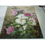 A LATE 19th/EARLY 20th C. EARTHENWARE RECTANGULAR PLAQUE PAINTED WITH CHRYSANTHEMUMS. 40 x 29cms.