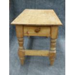 AN ANTIQUE PINE KITCHEN OR SCULLERY TABLE WITH END DRAWER. 155cms x 80cms x 84cms.