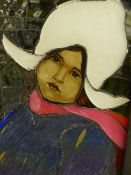 AN ART NOUVEAU STAINED GLASS MOSAIC PANEL OF A DUTCH GIRL IN AN EBONISED OAK FRAME. OVERALL