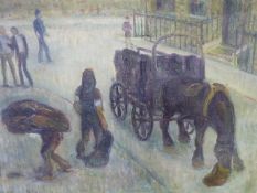 PAUL D'AGUILAR (1901-1999) THE COAL DELIVERY, SIGNED AND DATED 1950, OIL ON CANVAS.