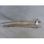 AN AMERICAN MADE CAVALRY TYPE SWORD, WIRE BOUND GRIP WITH BRASS GUARD THE BLADE STAMPED AMES MFG