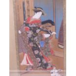 JAPANESE SCHOOL, A SEATED LADY HOLDING A FAN AND TWO LADIES PLAYING WITH A CAT, BOTH SIGNED AND