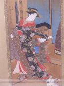 JAPANESE SCHOOL, A SEATED LADY HOLDING A FAN AND TWO LADIES PLAYING WITH A CAT, BOTH SIGNED AND