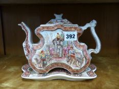 A BURGESS & LEIGH WARE TEAPOT AND STAND DECORATED WITH AN INDIAN PATTERN. (2)