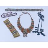 A GROUP OF VARIOUS FAIENCE TYPE GLAZED BEAD NECKLACES, ETC TO INCLUDE ONE IN THE EGYPTIAN MANNER.