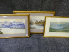 E.EARP. ENGLISH 19/20th.C. TWO HIGHLAND LAKE VIEWS, SIGNED WATERCOLOURS. 25 x 51cms TOGETHER WITH