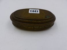 AN EARLY DUTCH BRASS OVAL TOBACCO BOX DECORATED WITH INTERIOR SCENES AND SCROLLWORK. W.14cm.