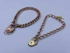 TWO 9ct ROSE GOLD CURB STYLE CHARM BRACELETS BOTH COMPLETE WITH PADLOCK AND SAFETY CHAIN. TOTAL