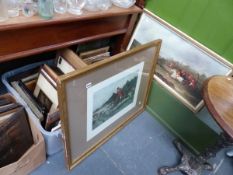 A QTY OF SPORTING PRINTS AND OTHER ANTIQUE AND LATER DECORATIVE PICTURES.