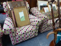 A SMALL BUTTON BACK CHESTERFIELD SOFA AND A PAIR OF SIMILAR UPHOLSTERED ARMCHAIRS.