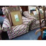 A SMALL BUTTON BACK CHESTERFIELD SOFA AND A PAIR OF SIMILAR UPHOLSTERED ARMCHAIRS.