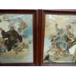 AN UNUSUAL EARLY PAIR OF CONTINENTAL WATERCOLOUR AND SILKWORK PICTURES OF SAINTS.