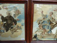 AN UNUSUAL EARLY PAIR OF CONTINENTAL WATERCOLOUR AND SILKWORK PICTURES OF SAINTS.