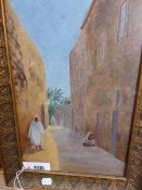 19th.C.ORIENTALIST SCHOOL. A NORTH AFRICAN SCENE AND ANOTHER OF A COLONIAL VILLAGE, OIL ON CANVAS