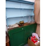 AN ANTIQUE PAINTED PINE CUPBOARD AND A PAINTED PLATE RACK.