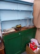 AN ANTIQUE PAINTED PINE CUPBOARD AND A PAINTED PLATE RACK.