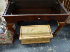 A WALNUT CABINET STAND, A SMALL PAINTED TOY BOX AND A VICTORIAN SIDE CHAIR.