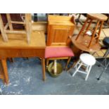 FIVE STOOLS, A PINE TRIPOD TABLE, A WALL CABINET, SEWING MACHINE AND A BRASS JAMPAN.