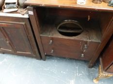 A GEORGIAN COMMODE, A NIGHTSTAND AND A SMALL PINE CUPBOARD.