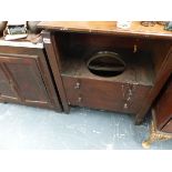 A GEORGIAN COMMODE, A NIGHTSTAND AND A SMALL PINE CUPBOARD.