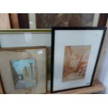 FOUR VINTAGE PICTURES TO INCLUDE LANDSCAPE WATERCOLOURS,ETC