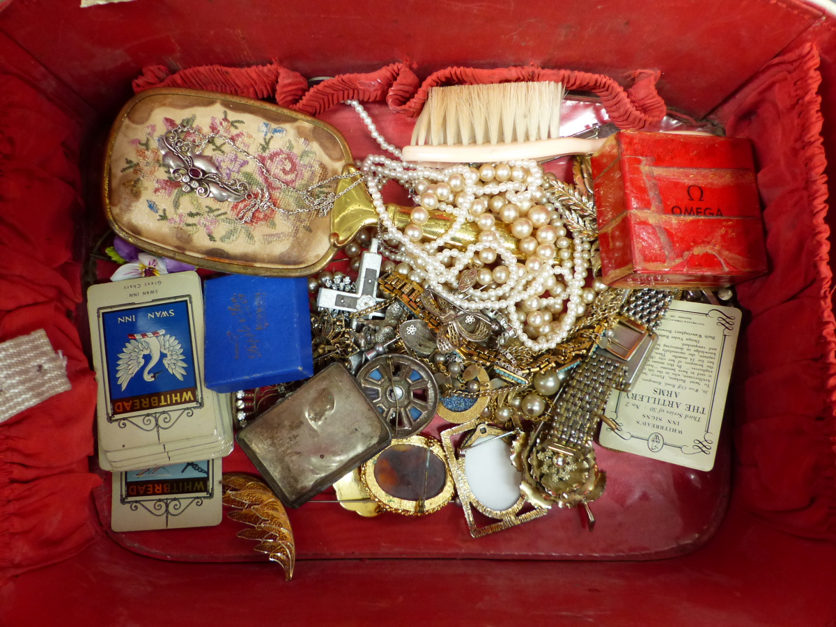 A SELECTION OF VINTAGE COSTUME JEWELLERY TOGETHER WITH A OMEGA STOPWATCH- PRESTONS LTD BLACKPOOL,