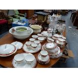 A ROYAL STAFFORD PART DINNER AND TEA SERVICE, A QTY OF VARIOUS CUT GLASS WARE, PLATED AND OTHER