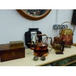 A VICTORIAN COPPER KETTLE, A WALNUT WORKBOX,ETC.