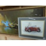 A LARGE PICTURE OF A SPITFIRE AFTER BARRIE A. F. CLARK AND ANOTHER OF A VINTAGE M.G.