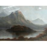 LATE 19th.C.ENGLISH SCHOOL. A HIGHLAND LAKE SCENE, SIGNED COLLINS, OIL ON BOARD.
