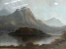 LATE 19th.C.ENGLISH SCHOOL. A HIGHLAND LAKE SCENE, SIGNED COLLINS, OIL ON BOARD.