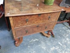 AN 18th.C.AND LATER WALNUT TWO DRAWER CHEST ON STAND.