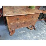 AN 18th.C.AND LATER WALNUT TWO DRAWER CHEST ON STAND.