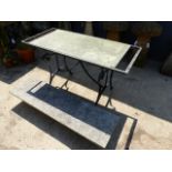 A WROUGHT IRON TABLE WITH MARBLE TOP,ETC