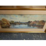 ALFRED MACDONALD 19th/20th.C. ENGLISH SCHOOL. A VIEW ON THE THAMES, SIGNED WATERCOLOUR. 27x77cms.