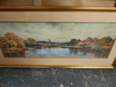 ALFRED MACDONALD 19th/20th.C. ENGLISH SCHOOL. A VIEW ON THE THAMES, SIGNED WATERCOLOUR. 27x77cms.