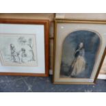 TWO VICTORIAN HAND COLOURED PRINTS OF ELEGANT LADIES AND A 20th.C.INK DRAWING OF CHILDREN.