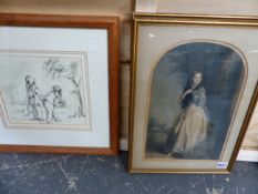 TWO VICTORIAN HAND COLOURED PRINTS OF ELEGANT LADIES AND A 20th.C.INK DRAWING OF CHILDREN.