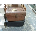 A PAINTED TOOL CHEST AND A TIN TRUNK.