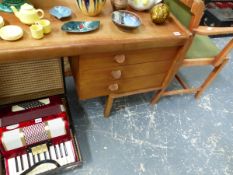 A RETRO DRESSING TABLE, THREE ERCOL SIDE CHAIRS AND AN ARMCHAIR.