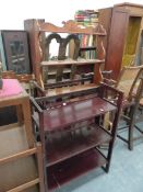 VICTORIAN MAHOGANY WALL SHELVES, A MAHOGANY AND EBONY INLAID STICKSTAND AND TWO FOLDING BOOKCASES.