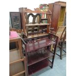 VICTORIAN MAHOGANY WALL SHELVES, A MAHOGANY AND EBONY INLAID STICKSTAND AND TWO FOLDING BOOKCASES.