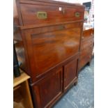 A 19th.C.CAMPAIGN STYLE MAHOGANY FALL FRONT WRITING DESK.