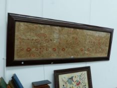 A LARGE NEEDLEPOINT PANEL IN WALNUT CUSHION FRAME AND A LATER OAK FRAMED EXAMPLE.