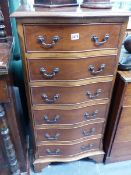 A TALL REPRODUCTION GEORGIAN STYLE YEW WOOD CHEST OF SIX DRAWERS AND A SMALL BRASS MOUNTED FOUR