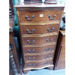 A TALL REPRODUCTION GEORGIAN STYLE YEW WOOD CHEST OF SIX DRAWERS AND A SMALL BRASS MOUNTED FOUR