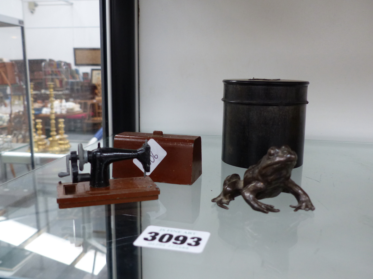 A BRONZE FROG, MINIATURE SEWING MACHINE,ETC.